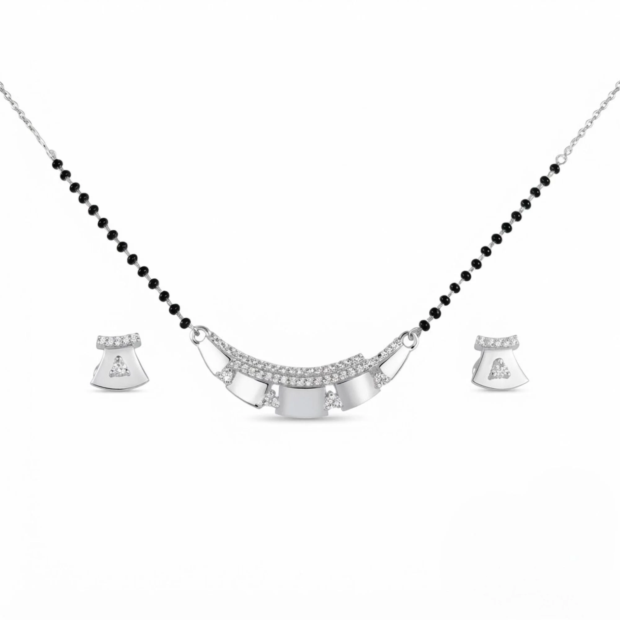 Silver Flared Plate Bar Mangalsutra Earrings Set - Image 1