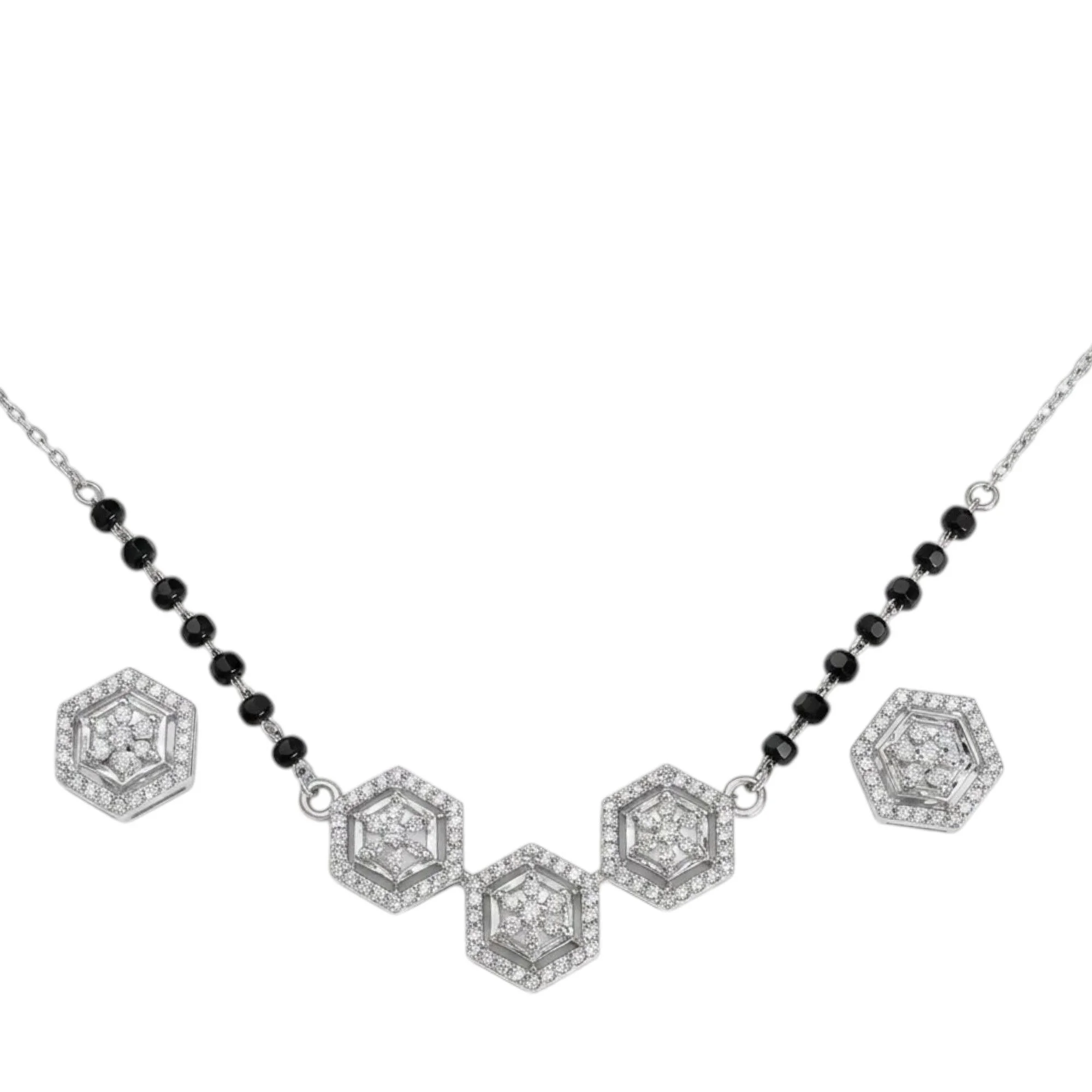 Silver Luxe Floral Hexagon Mangalsutra Earrings Set