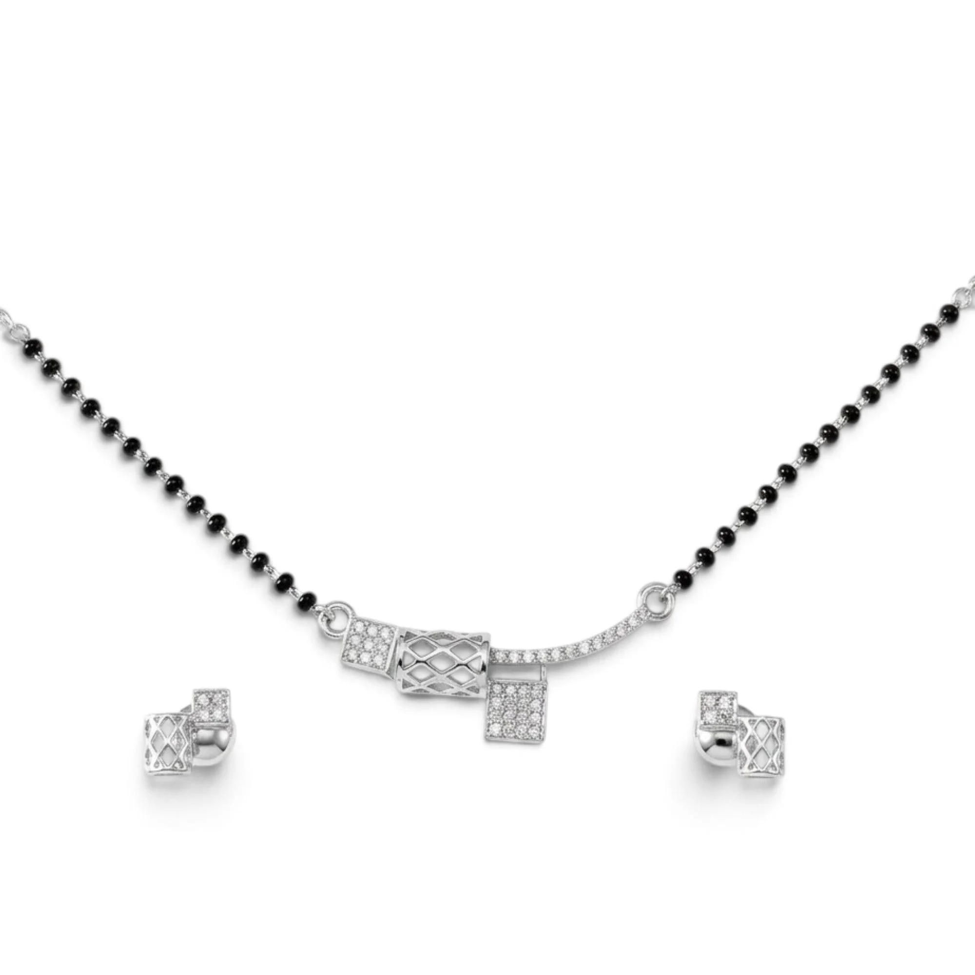 Silver Lattice Block Set Mangalsutra Earrings Set
