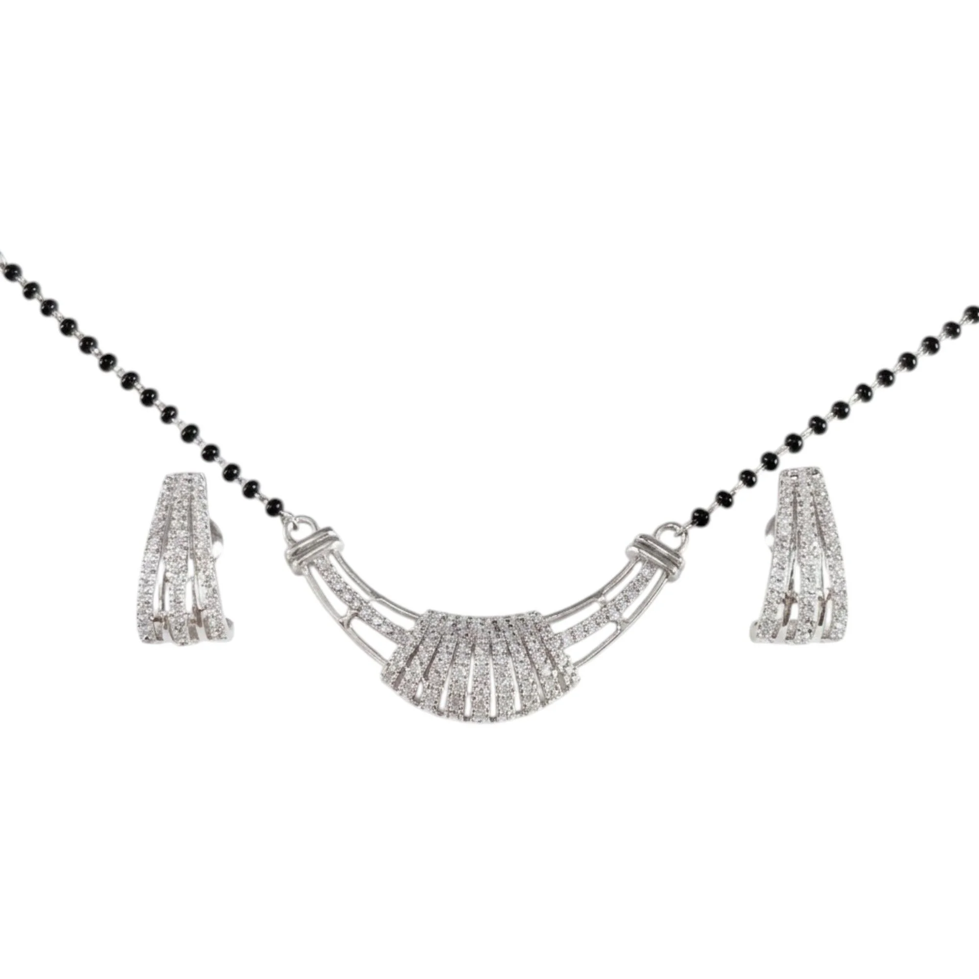 Silver Linear Fan Arch Mangalsutra Earrings Set