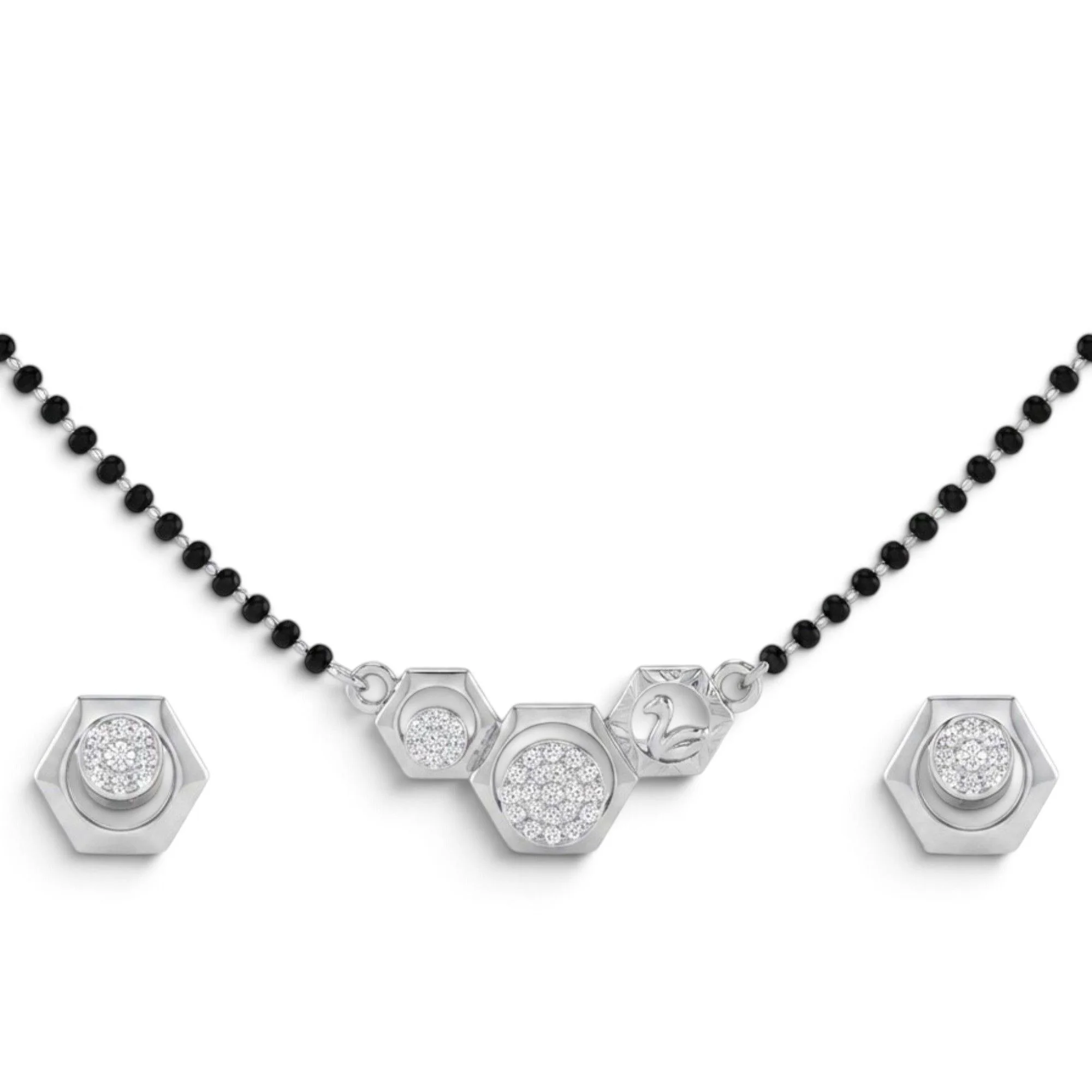 Silver Swan Crest Bar Mangalsutra Earrings Set