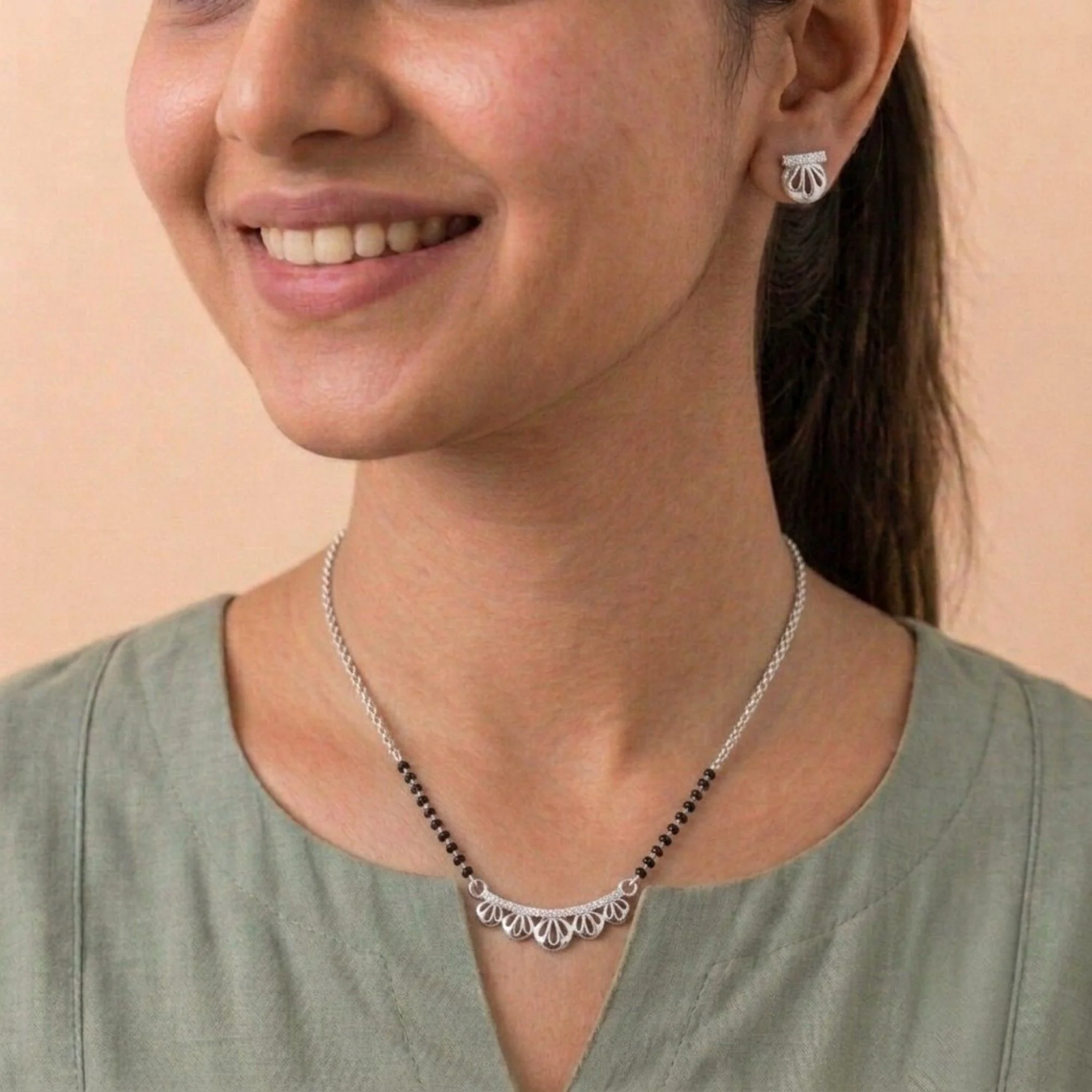Silver Lotus Petal Crest Mangalsutra Earrings Set - 2