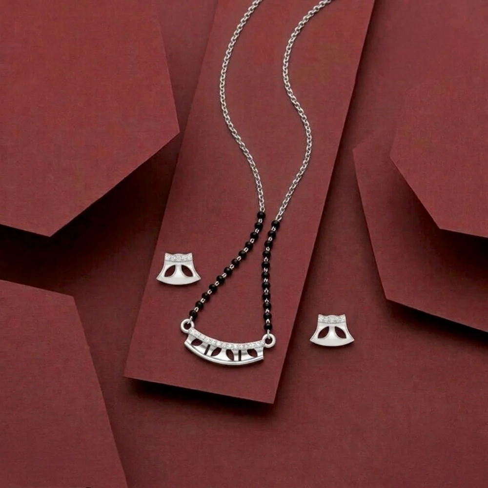 Silver Arched Window Bar Mangalsutra Earrings Set - 2