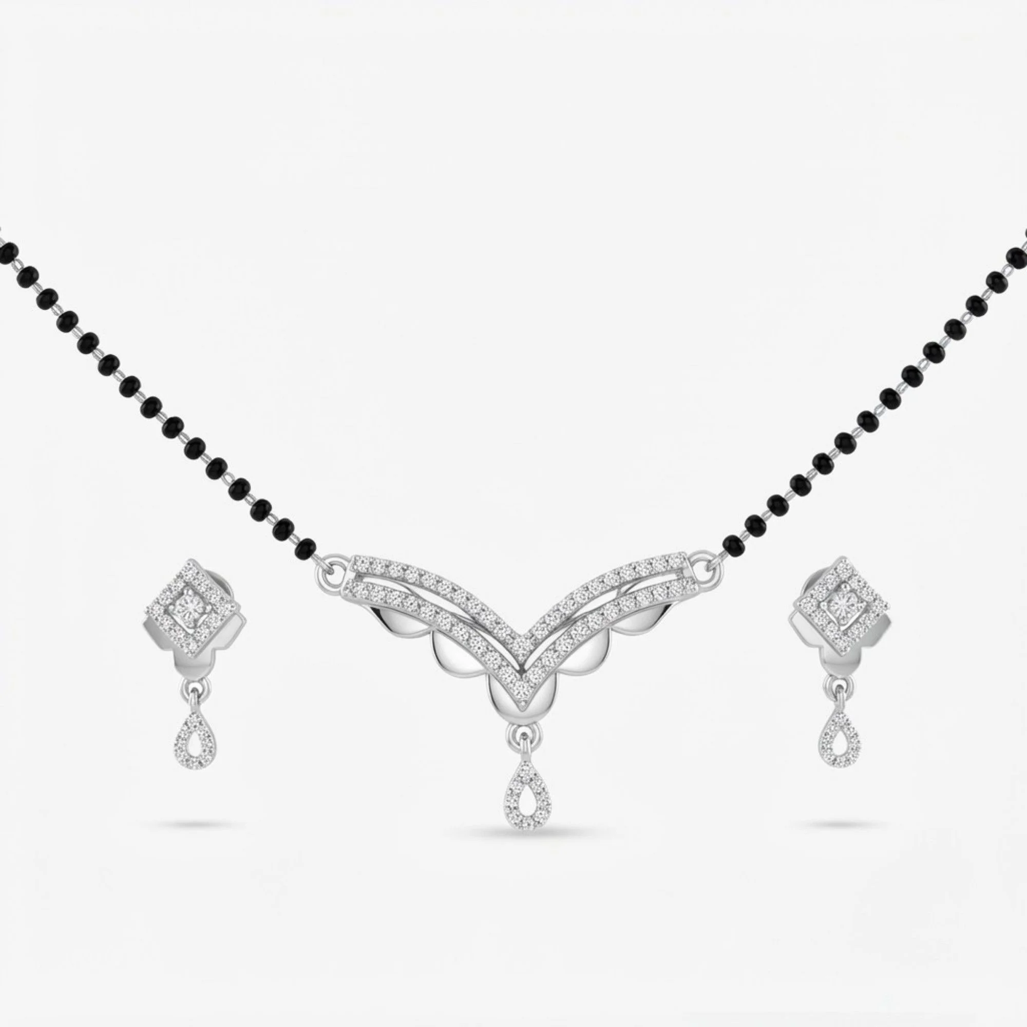 Silver Glistening V-Drop Arc Mangalsutra Earrings Set